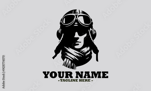 Classic monochromatic silhouette portrait of a pilot wearing a retro helmet, goggles, and scarf, in profile view. pilot wearing a retro helmet vector illustration and logo pilot wearing a retro helmet