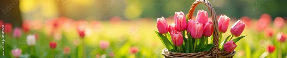 Fototapeta premium Pink tulip bouquet in rustic woven basket on vibrant spring meadow background, spring, rustic, background