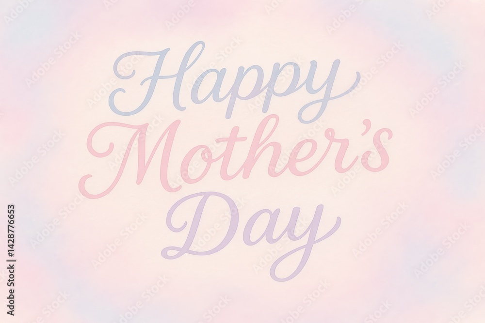 Naklejka premium A pastel-colored greeting card with text Happy Mother's Day in elegant script. Background of soft hues of pink and blue
