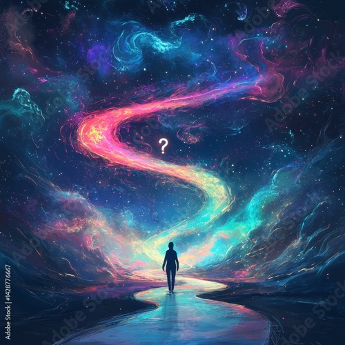 Silhouette Seeker Wandering Through Vivid Dreamscape Corridor of Cosmic Colors Under Question Mark Sky