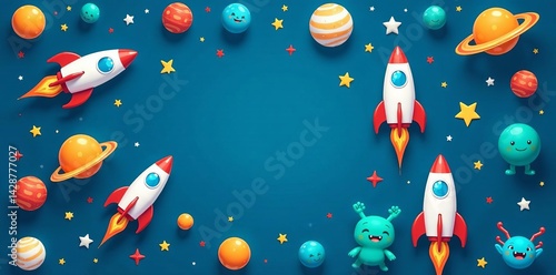 Playful cartoon set of space elements in a repeating pattern featuring rockets, planets, stars, and aliens on a blue background, astronomy, rocketship, fun