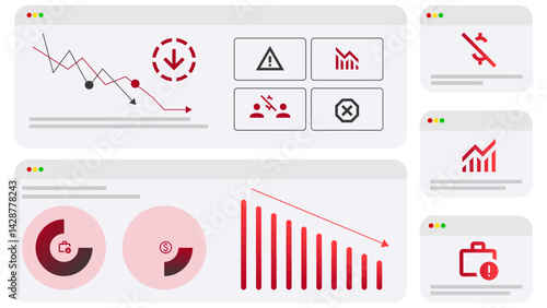 Declining line charts and crisis icons, ongoing economic failure, budget loss, financial warning signs, and business collapse across all sectors and markets. Concept of crisis. Vector illustration