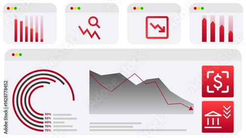 Data visualization with bar graphs and falling line charts emphasizes decreasing investments, declining growth rates, and negative financial indicators in corporate environment. Concept of crisis