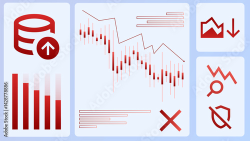 Graphic summary with crisis icons, red dashboards, and negative bars tracks market performance drops, job losses, and investment failures in global financial ecosystem. Vector illustration