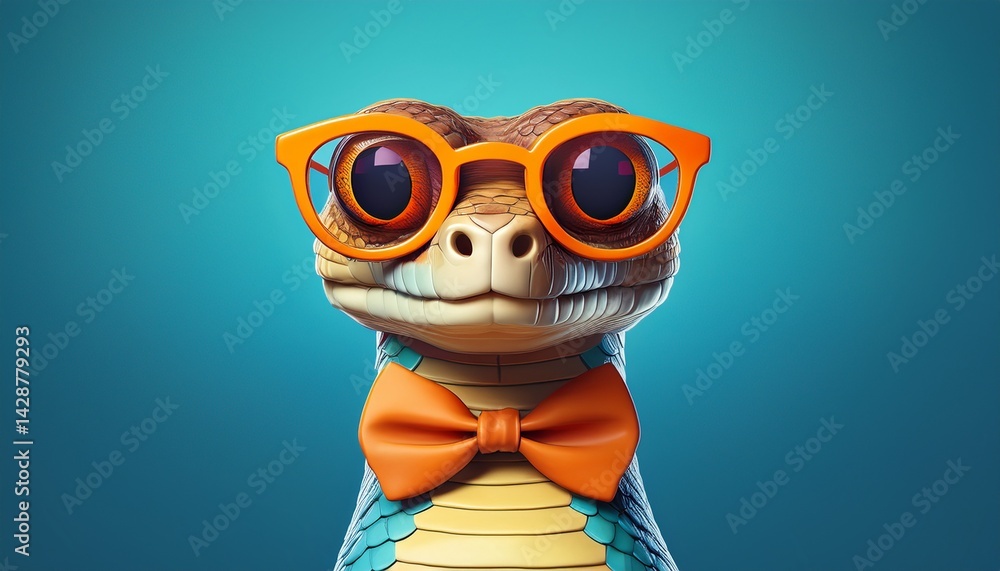 Fototapeta premium quirky cartoon snake with orange glasses and bowtie on blue background