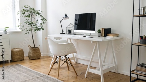 A modern, minimalist home office featuring a desk, computer, chair, plants, and natural light, creating a serene workspace atmosphere.