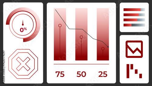 Infographic layout blending economic icons, fall charts, alert buttons, and red themed analytics, ongoing business failures and economic disruption worldwide. Concept of crisis. Vector illustration