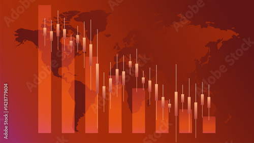 Global candlestick chart over world map illustrates synchronized market downfall. Sharp decline in international finance and worsening economic conditions. Concept of crisis. Vector illustration