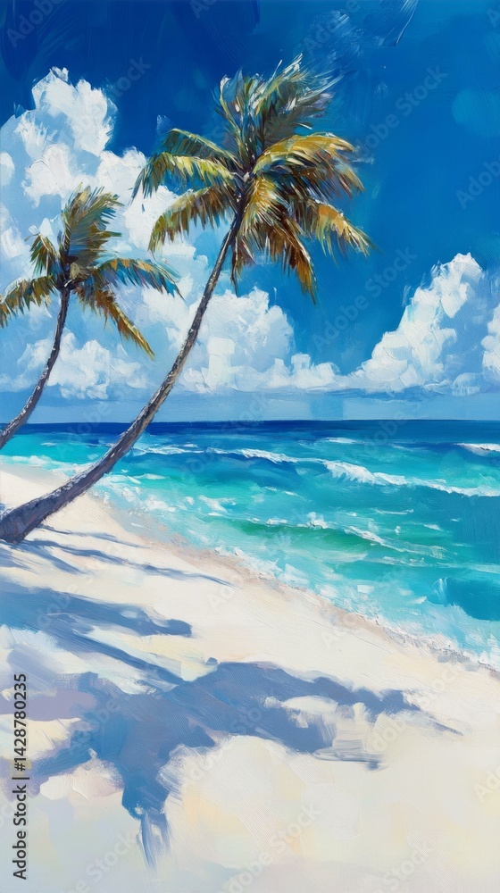 Fototapeta premium Tropical Beach Bliss Painting Palm Trees White Sand Azure Sea Holiday Artwork Serenity