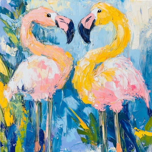 Vibrant Flamingo Duo in Harmonious Colors Impasto Artwork with Blue Hues and Lively Brushstrokes