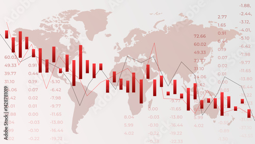 Transparent world map with candlestick graphs and sharp line dips shows synchronized economic contraction and ongoing financial instability. Vector illustration. Concept of economic crisis