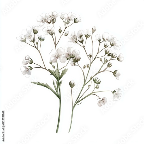 Watercolor Illustration of Elegant White Baby's Breath Flowers in Delicate Arrangement for Decor
