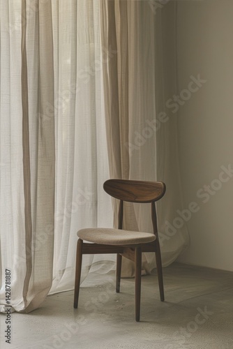 Wooden Chair Elegance Against Soft Curtains in a Serene Light Filled Room Interior Aesthetic