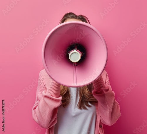 Woman with pink cardigan using a megaphone against a vibrant pink background.