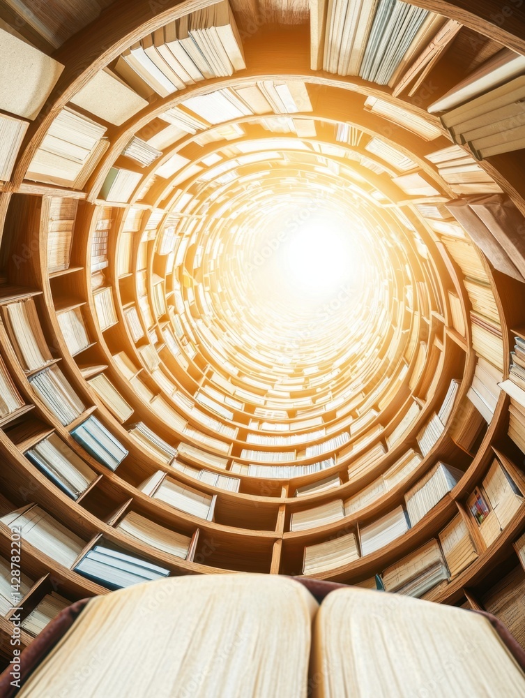 A Mesmerizing Spiral of Bookshelves Radiating Outwards from a Bright Central Opening Inviting a Journey Into the Vast World of Knowledge A Mesmerizing Spiral of Bookshelves Radiating Outwards from a Bright Central Opening Inviting a Journey Into the Vast World of Knowledge