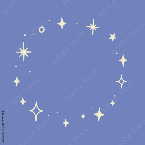 Cosmic round frame with stars and spark shines. Mystical and celestial. Vector illustration aesthetic design.
