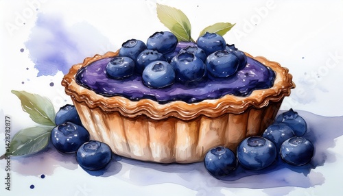 watercolor illustration of blueberry tart n traditional french baked dessert