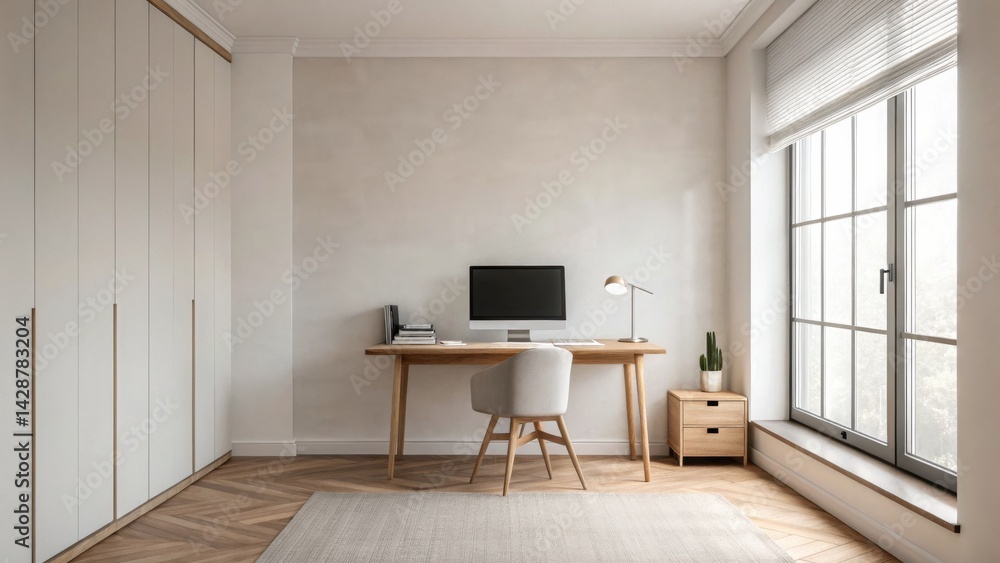 Minimalist office space featuring a wooden desk, computer, and natural light from a large window, creating a serene and productive environment. Minimalist office space featuring a wooden desk, computer, and natural light from a large window, creating a serene and productive environment.