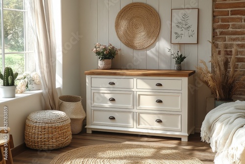 White dresser with six drawers, oak top, modern design, living room furniture, storage chest with plants, minimalist decor, natural light, apartment style.
