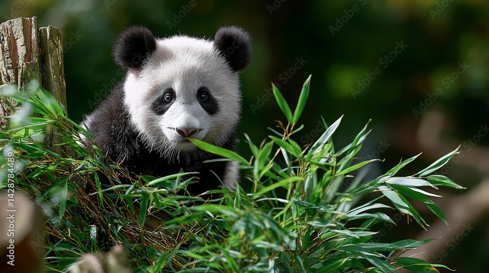 Obraz premium Adorable baby panda munching on bamboo