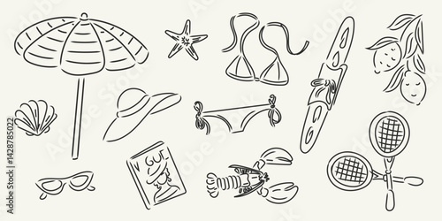 Hand drawn minimalist summer doodle set with beach umbrella, bikini, sun hat, lemons, seafood, tennis rackets. Perfect for vacation designs, prints, postcards, branding. Italian ink sketch dolce vita