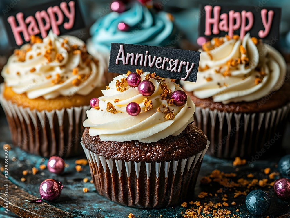 Delightful Anniversary Cupcakes on a Rustic Wooden Surface