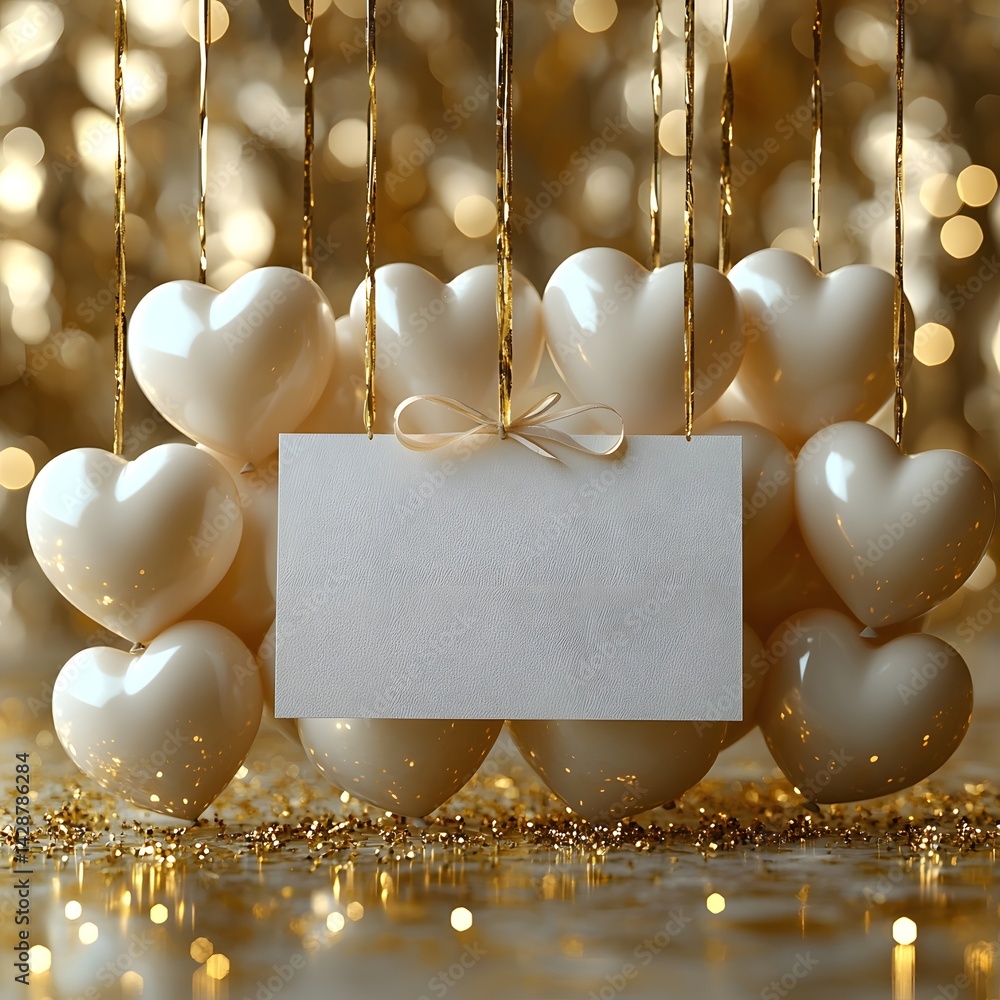 Blank white gift card tied to heart shaped balloons against a sparkling golden backdrop