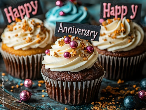 Delightful Anniversary Cupcakes on a Rustic Wooden Surface