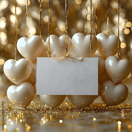 Obraz na płótnie Blank white gift card tied to heart shaped balloons against a sparkling golden backdrop w salonie