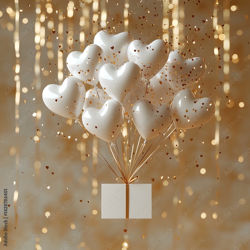 Floating hearts balloons with a blank gift card against a golden sparkling backdrop
