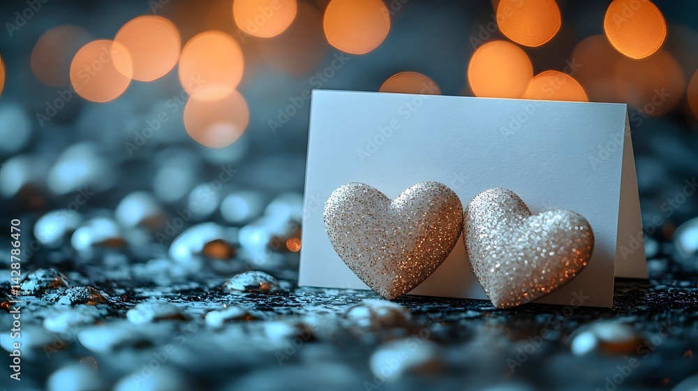 Sparkling hearts on a blank gift card