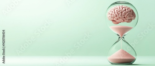 Conceptual hourglass with brain representing time running out for memory, cognitive decline, and neurological diseases Metaphor for aging, dementia, and alzheimers