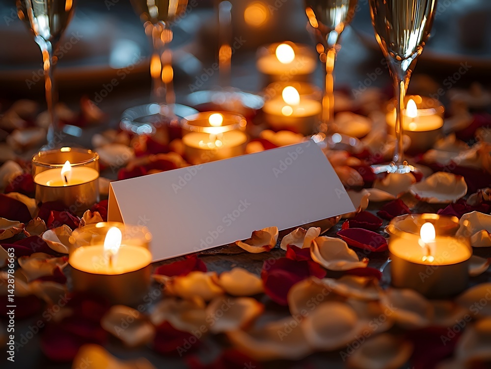 A romantic setting with a blank gift card candles and rose petals