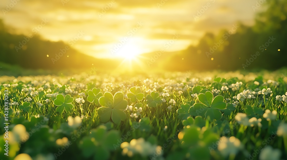 Fototapeta premium Golden Hour Clover Field: A Serene Sunset Landscape