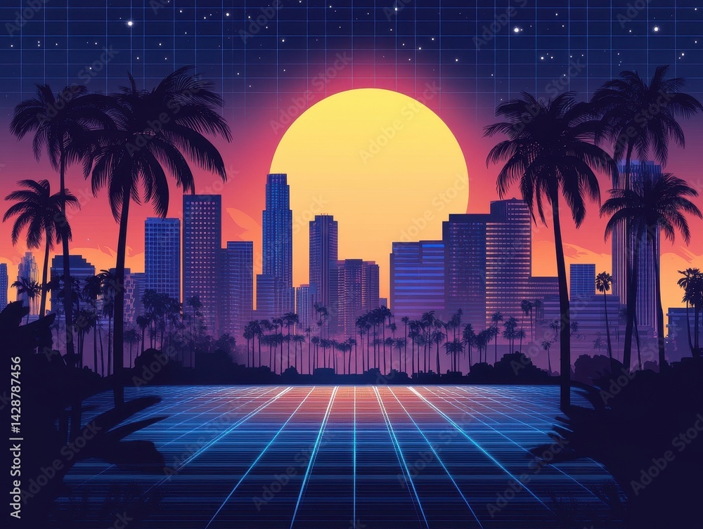 Obraz premium Retro futuristic cityscape of Los Angeles at sunset.