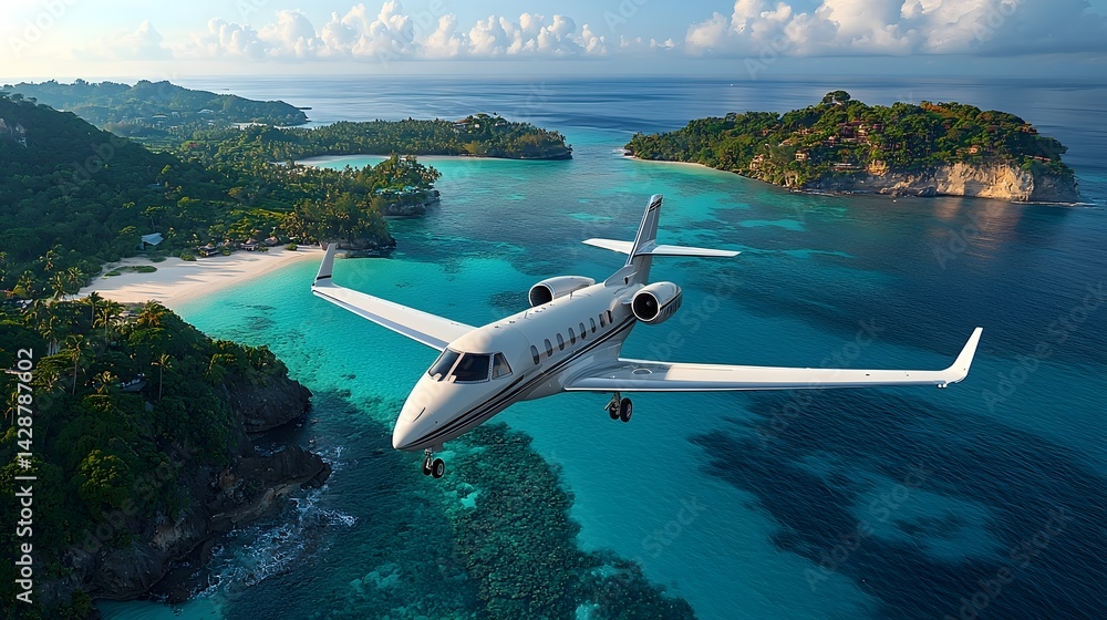 Private jet soaring over a turquoise tropical paradise