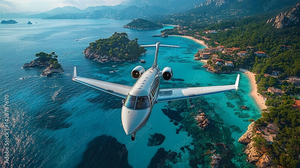 Private jet flying over a turquoise ocean and tropical islands