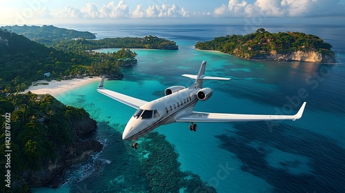Obraz na płótnie Private jet soaring over a turquoise tropical paradise w salonie