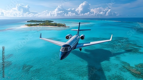 Private jet flying over a turquoise ocean with tropical islands below