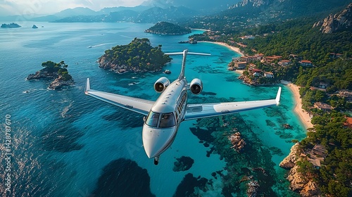 Obraz na płótnie Private jet flying over a turquoise ocean and tropical islands w salonie