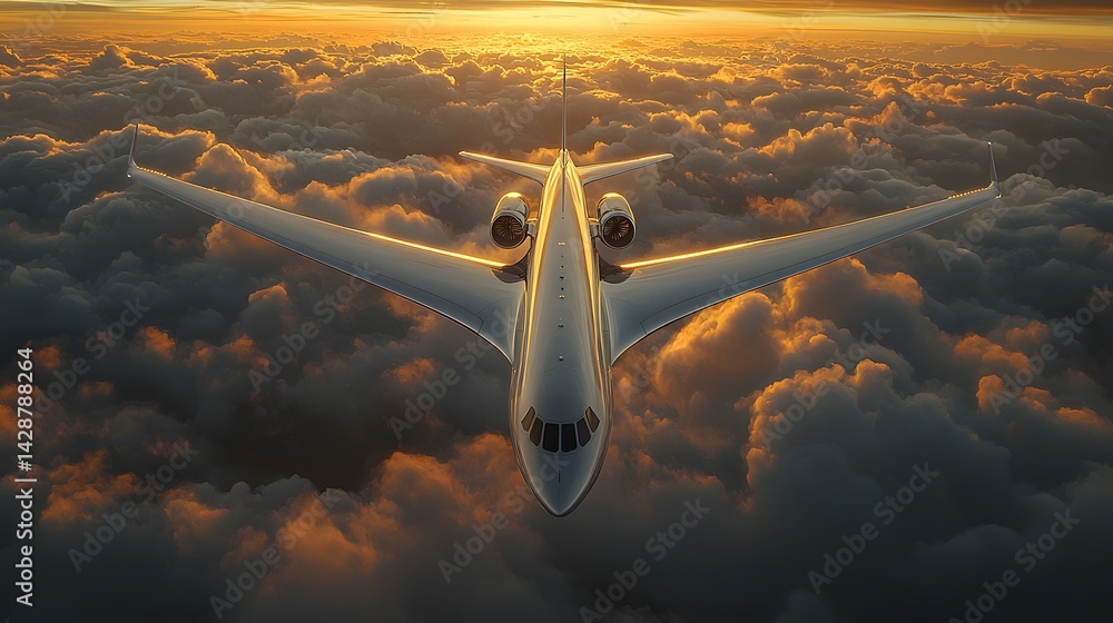 Majestic airplane soaring above a golden sunrise sky