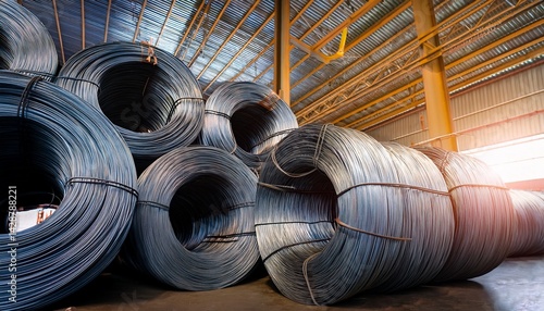 steel wire rod coils stacked in warehouse storage and logistics in metal industry