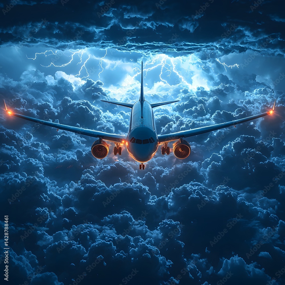Dramatic airplane soaring through a stormy sky