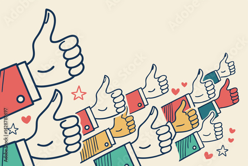 Illustration of multiple hands giving thumbs up, symbolizing approval and positivity. Great for social media, teamwork, and feedback themes.