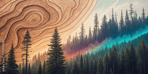 Abstract Organic Wood Grain Patterns Mixed with Evergreen Forest Landscape