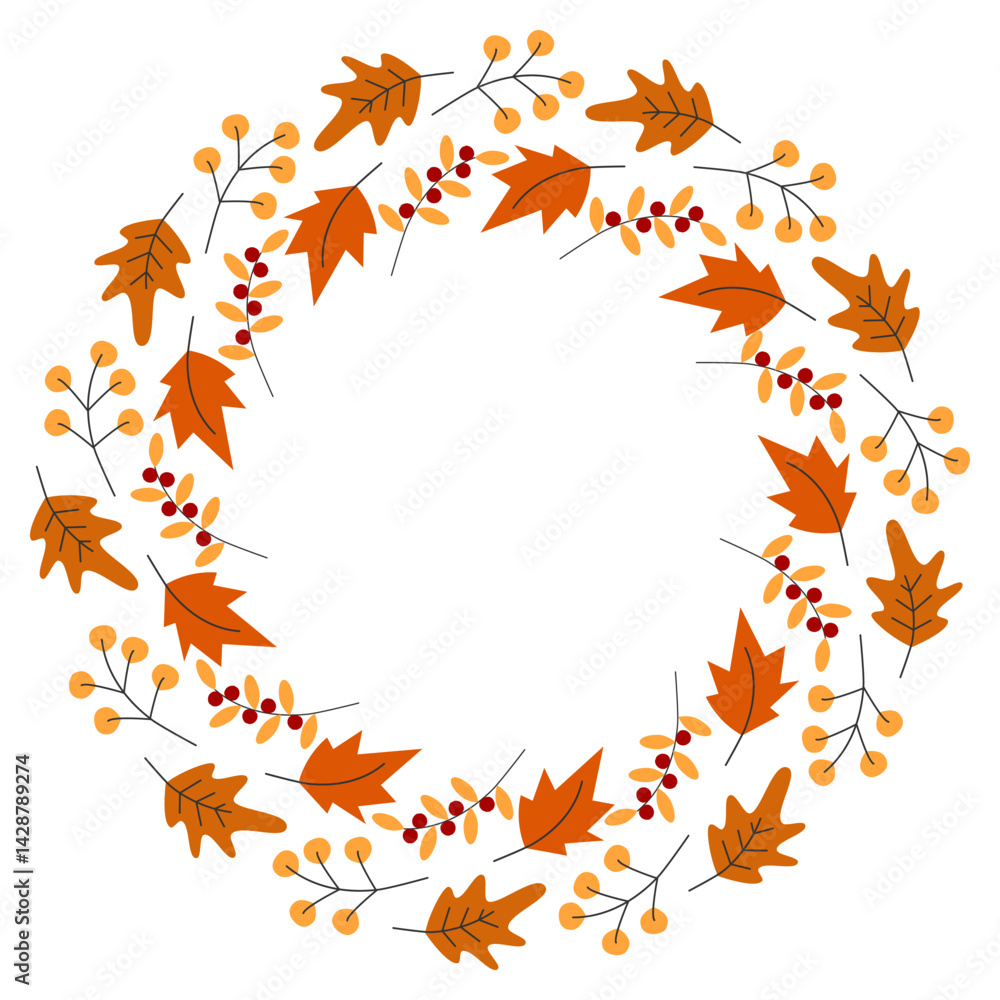 Freehand Autumn twigs Berry sprigs Oak and Maple Leaves Circle Frame border Copy space Template idea Freehand Autumn twigs Berry sprigs Oak and Maple Leaves Circle Frame border Copy space Template idea