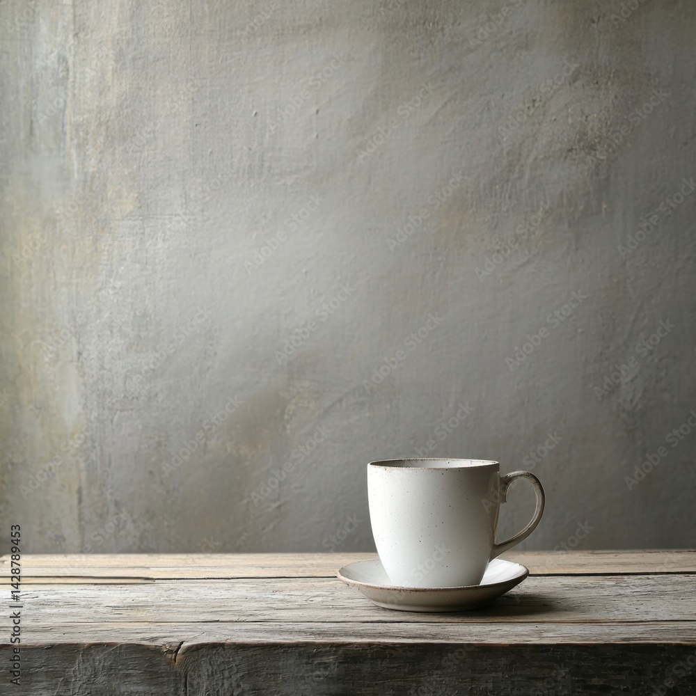 Simple white coffee cup and saucer on rustic wooden table with textured gray wall background perfectly showcasing minimalist coffee aesthetics and charm Simple white coffee cup and saucer on rustic wooden table with textured gray wall background perfectly showcasing minimalist coffee aesthetics and charm