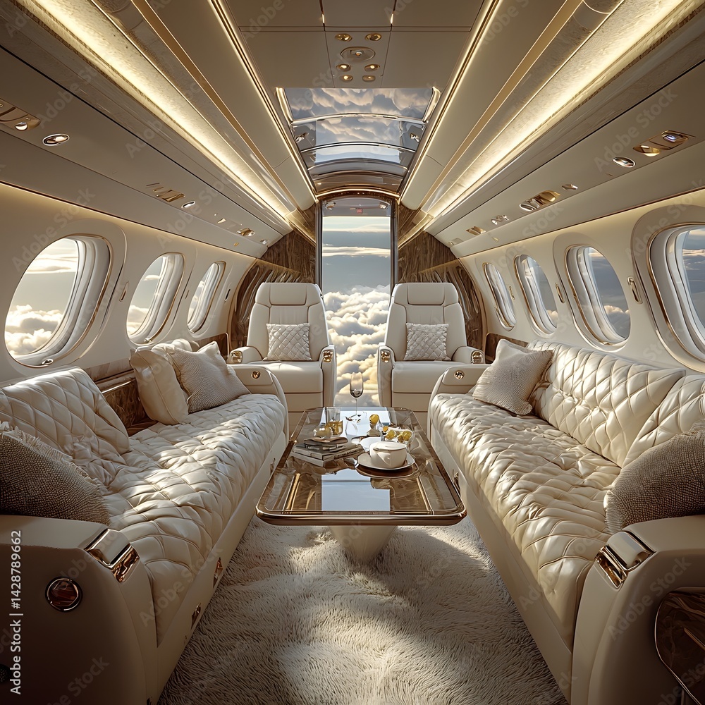 Luxury jet interior with panoramic and plush seating