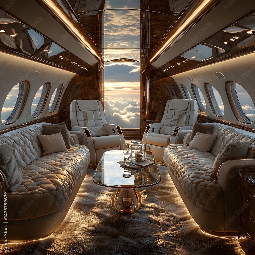 Luxurious private jet interior with panoramic views of the sky