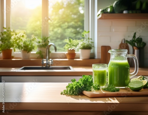 sunlit kitchen with fresh green juice and herbs on a wooden countertop near a window photo